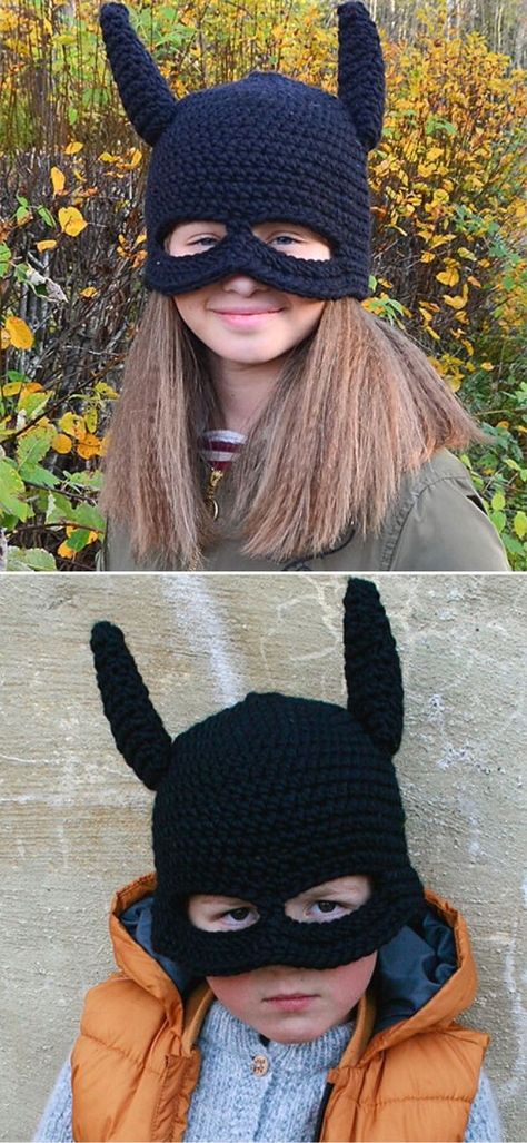 Fun Crochet Beanies For Kiddos And Adults. Is your kiddo the biggest fan of Batman? Well, if she or he is, we've got you covered! I mean, just look at these cutie hats by DROPS design. They can be worn as a half mask, or as a regular hat with bat ears. In other words, feel free to make it for Halloween or just any time. What's more, the size is adjustable from 1 to 8 years. #freecrochetpattern #beanie #hat Bat Hat, Hat Free Crochet Pattern, Crochet Pour Halloween, Crochet Bat, Crochet Mask, Crochet Baby Hat Patterns, Crochet Kids Hats, Crochet Teddy Bear Pattern, Bat Pattern