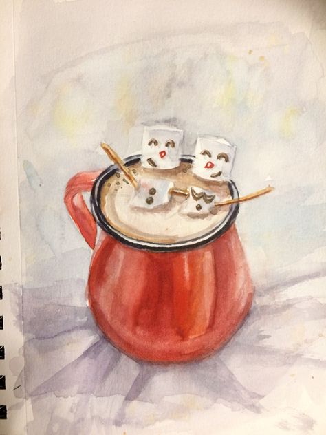 Watercolor Hot Chocolate, Hot Chocolate Painting, Hot Chocolate Watercolor, Hot Chocolate Drawing, 2024 Watercolor, Food Paintings, Contest Ideas, Diy Holiday Cards, Hot Chocolate Coffee