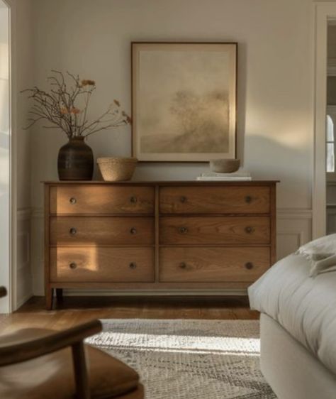 Chestnut Wood Bedroom Decor, Art Above Dresser Master Bedrooms, Bedroom Inspirations Dresser, Sanded Dresser, Bedroom Dresser Aesthetic, Dark Wood Bedroom Furniture Decor Ideas, Vintage Dresser Decor, Wood Dresser Decor, Modern Dresser Decor