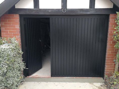 Garage Doors Uk, Hinged Garage Doors, Side Hinged Garage Doors, Black Garage Doors, Garage Workshop Layout, Garage Door Hinges, Workshop Layout, Garage Room, Garage Conversion