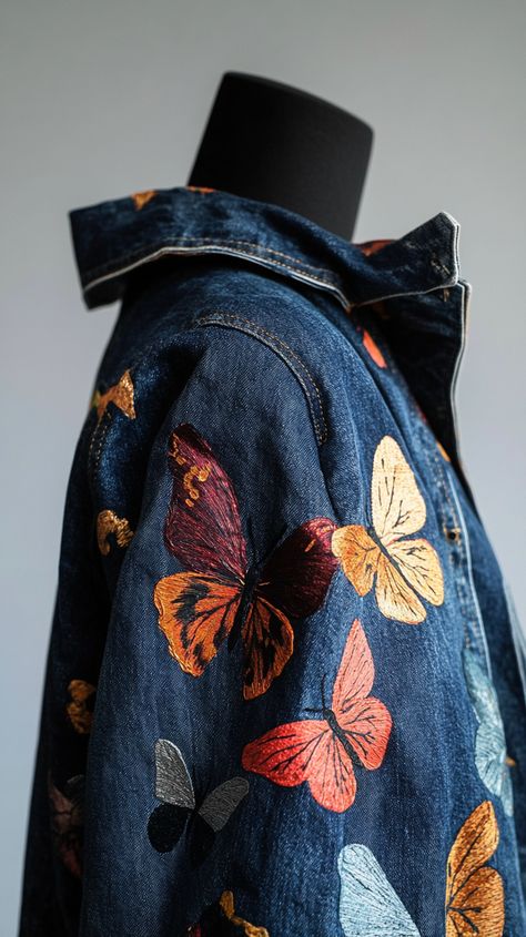 Vibrant hand-painted butterflies design on a classic blue denim jacket, draped over a mannequin, captured in natural light with a soft focus, showcasing intricate details. Denim Jacket Painting Ideas Aesthetic, Jean Jacket Art Ideas, Diy Denim Jacket Paint Ideas, Jacket Painting Ideas, Denim Painting Ideas, Painted Denim Jacket Ideas, Jean Jacket Diy Upcycling, Painting On Denim Jacket, Upcycle Denim Jacket