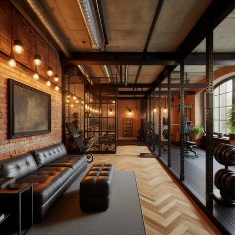 Discover industrial-style home gym ideas with exposed brick walls and metal fixtures for a sleek, modern workout space. #IndustrialDesign #HomeGym #ExposedBrick #MetalFixtures #FitnessGoals Gym Interior Design Ideas Modern Luxury, Industrial Gym Design, Home Gym Design Luxury, Evil Lair, Home Gym Ideas, Dream Gym, Gym Design Interior, Industrial Style Home, Sports Science