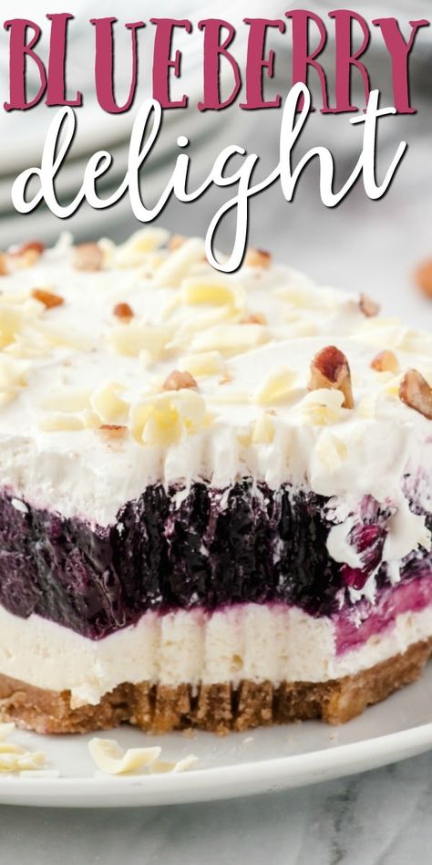 This blueberry delight recipe is four heavenly layers of graham cracker crust, cream cheese, cool whip, and blueberry pie filling. Blueberry Delight Recipe, Blueberry Desserts Recipes, Blueberry Delight, Cream Cheese Desserts, Blueberry Pie Filling, Fluff Desserts, Blueberry Desserts, Blueberry Cream Cheese, Layered Desserts