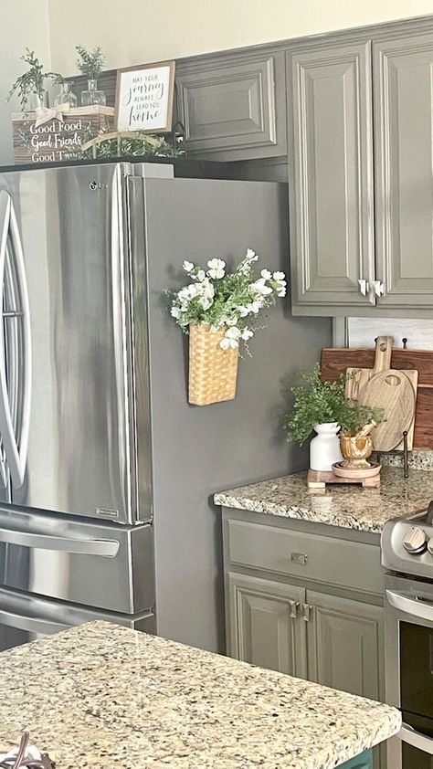 Refrigerator Decor, Decorating Above Kitchen Cabinets, Kitchen Countertop Decor, Above Kitchen Cabinets, Countertop Decor, Fridge Decor, Kitchen Cabinets Decor, Kitchen Counter Decor, Counter Decor