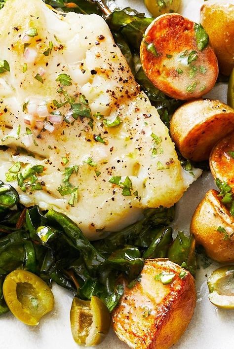 Bright, light, and easy is the name of the game with this simple one-pan fish dinner. It all comes together on a single sheet pan thanks to strategic timing. Get the recipe for Sheet Pan Cod and Potatoes. One Pan Fish Dinner, Sheet Pan Cod, Cod And Potatoes, Cuisinart Recipes, Sweet Potato Recipe, Mini Potatoes, Sheet Pan Dinners Recipes, Cod Recipes, Fish Dinner