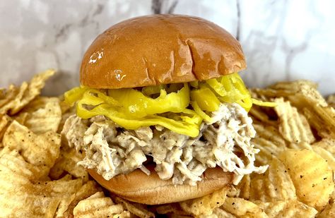 Ohio’s Creamy Chicken and Potato Chip Sandwiches Chip Sandwich, Shredded Chicken Sandwiches, Chicken And Potato, Boiled Chicken Breast, Chicken And Chips, Chicken Potato, Chicken Sandwiches, Potato Chip, Stuffed Banana Peppers