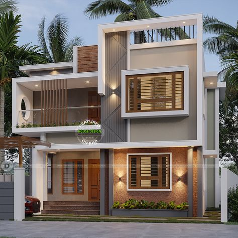 Modern Flat Roof Home Design Normal Home Design, Home 3d Design, Roof Home Design, Home Roof Design, Residential Elevation, Flat Roof House Designs, Front Building Design, Indian House Exterior Design, 3d Power