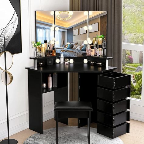 A perfect place to get ready for your day! $199.90 Check it out. White Vanity With Lights, Corner Vanity Table, Corner Makeup Vanity, Vanity With Lights, Desk Vanity, Modern Makeup Vanity, Corner Vanity, Makeup Vanity Desk, Drawer Lights