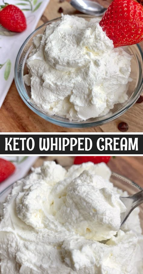 If you're looking for easy keto dessert recipes made with 3 ingredients, homemade whipped cream is AMAZING! It goes with just about every low carb dessert. It's like a heavenly mousse! It's also keto friendly and made with just 3 simple ingredients: heavy cream, vanilla extract and the low carb sweetener of your choice-- I use Swerve. You could also flavor it with other extracts like peppermint or strawberry. So good! You could make it even richer with a little cream cheese.  #instrupix Galletas Keto, Keto Chocolate Mug Cake, Keto Whipped Cream, Low Carb Desserts Easy, Keto Chocolate Mousse, Whipped Cream Recipe, Keto Peanut Butter Cookies, Recipes With Whipping Cream, Postre Keto