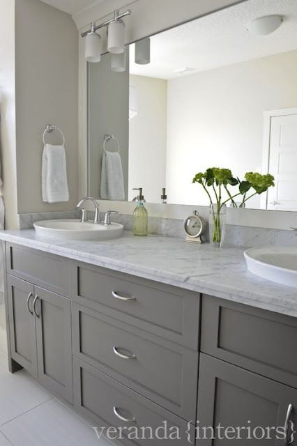 Love these Gray Bathroom Cabinets! Would look great in my master bathroom if I got rid of the sink, wallpaper, fixtures, etc.! Veranda Interiors, Grey Bathroom Cabinets, Grey Bathroom Vanity, Bad Inspiration, Master Bath Remodel, Shaker Cabinets, Budget Bathroom, Bathroom Redo, Bath Room