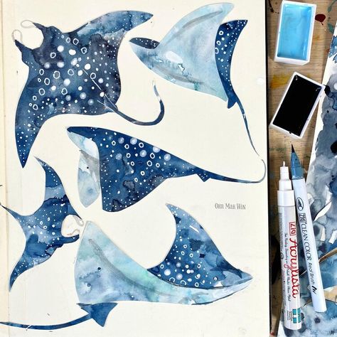 Watercolour Manta Ray, Marine Animals Drawing, Win Illustration, Ohn Mar Win, Manta Ray, 수채화 그림, Uss Enterprise, Arte Sketchbook, Sea Art