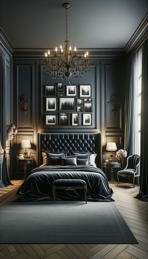 A luxurious and moody bedroom with a sophisticated, dark aesthetic. Features a plush king-sized bed with deep navy velvet bedding, a tufted headboard, black-and-white photographs on dark walls, a grand chandelier, elegant bedside tables, classic lamps, and heavy dark curtains. Baroque Bedroom, Black Bedroom, Luxurious Bedroom, Bedroom Black, Elegant Bedroom, Gray Bedroom, Master Bedrooms Decor, Design Living Room, Dream Bedroom