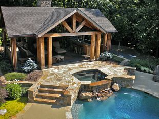 Dig the sheltered area and the hot tub. Maybe have  a pond where the pool is, or the open air fire pit. Backyard Pool Cabana, Outdoor Hot Tub, Living Pool, Pool And Hot Tub, Pool Cabana, Dream Pools, Deck Ideas, Dream Backyard, Outdoor Wood