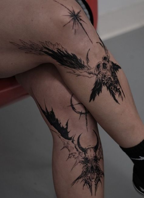 Dark Art Tattoo Mythology, Gothic Knee Tattoo, Archaeology Tattoo, Below Knee Tattoo, Two Headed Calf Tattoo, Animal Tattoos For Men, Knee Tattoos, Emo Tattoos, Wrist Tattoo Cover Up