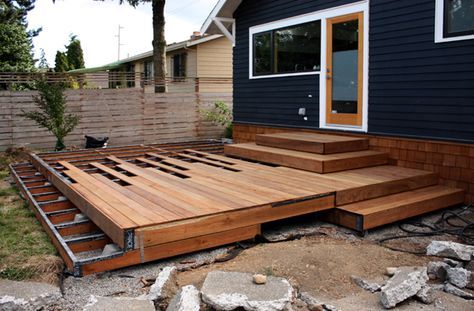 Platform Deck Ideas, 2 Level Deck Ideas, Small Deck Designs, Patio Ideas On A Budget, Platform Deck, Deck Framing, Low Deck, Cedar Deck, Floating Deck