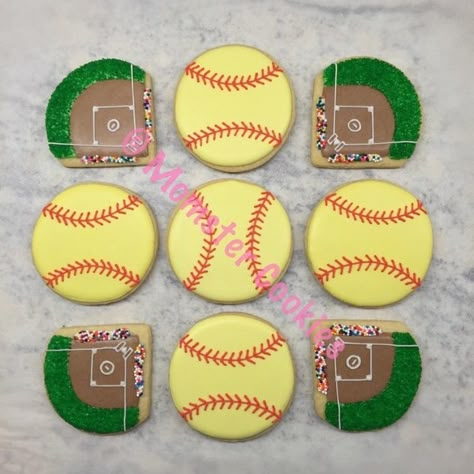 Softball themed sugar cookies with royal icing. @Momster_Cookies on Instagram. Softball Birthday Cupcakes, Softball Cookies Royal Icing, Softball Birthday Cookies, Softball Cookies Decorated, Softball Sugar Cookies, Softball Cookies, Sport Cookies, Softball Birthday, Baseball Cookies