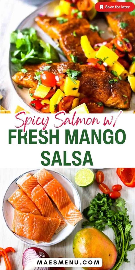 Feature sweet and juicy mangos in this spicy baked salmon recipe. With a zesty spice rub, and sweet and crunchy salsa, this is one of our best summer special recipes for a reason! Make it for dinner this week or anytime you are looking for mango recipes to use up your extra fruit! #mangorecipes #summerdinner #salmon Grilled Salmon With Mango Salsa, Salmon With Mango Salsa, Mango Salmon, Mango Salsa Salmon, Fresh Mango Salsa, Baked Salmon Recipe, Mango Slaw, Salmon Spices, Mango Salsa Recipes