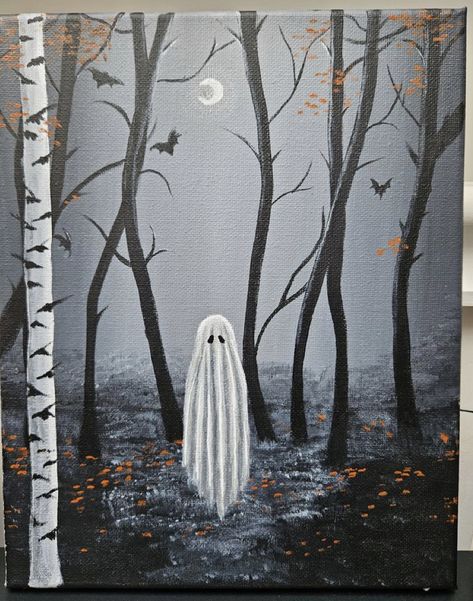 Halloween Canvas Paintings, Halloween Canvas Art, Ghost Painting, Fall Canvas Painting, Halloween Painting, Halloween Drawings, Spooky Ghost, Paint Night, Theme Halloween