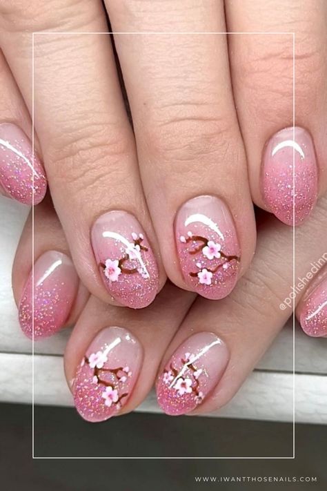 cherry blossom glitter nails designs Cherry Blossom Nails Design, Nails Daisy, Cherry Blossom Nails Art, Dark Spring, Japan Nail, Cherry Blossom Nails, Nails Bright, Nails Dark, Spring Nail Colors