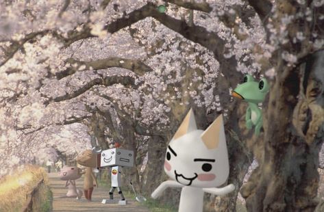 toro inoue & friends taking a walk during cherry blossom season 🌸 Toro Inoue Papercraft Template, Tono Inoue, Toro Aesthetic, Toro Inoue Wallpaper, Toro Wallpaper, Y2k Backgrounds, Sawako Core, Toro Cat, Pink Wallpaper Laptop