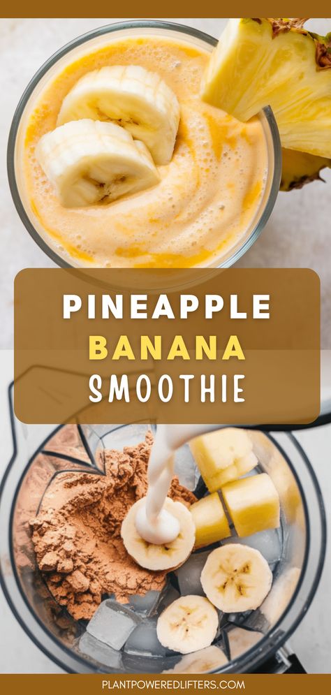 Are you looking for an easy and healthy smoothie recipe? Then this pineapple banana vegan protein smoothie recipe is for you! It's easy to make, quick, and works great as a high-protein vegan breakfast or vegan snack. It also comes with spinach for that extra green boost! Pineapple Banana Smoothie Healthy, Strawberry Banana Pineapple Smoothie, Banana Pineapple Smoothie Recipes, Protein Breakfast Smoothie Recipes, Green Smoothie Recipes Healthy Breakfast, Smoothie Recipes Protein, Banana Pineapple Smoothie, Pineapple Protein Smoothie, Smoothie With Pineapple