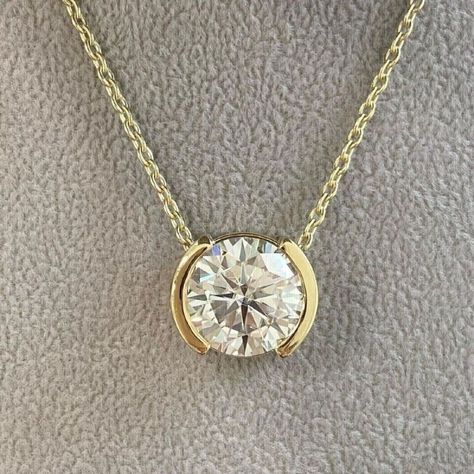 Elevate your style with these stunning solitaire pendant necklaces in 14K Yellow or White Gold Plated 💎 Perfect for any occasion! #SimulatedDiamond #PendantNecklace #SterlingSilver #FashionJewelry #GiftIdea Half Bezel Necklace, Diamond Pendant Sets Unique, Half Bezel Setting, Round Diamond Pendant, Trendy Jewellery, Family Jewelry, Solitaire Diamond Pendant, Diamond Pendants Designs, Half Bezel