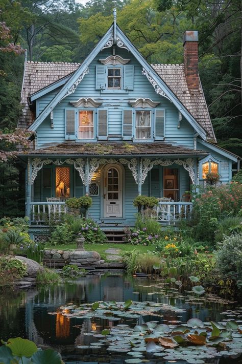 Wooden Cottage, Cottage Aesthetic, Blue Cottage, House Exterior, House Plans, Dream House, Cottage, Exterior, Architecture