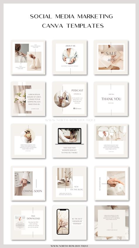 Social Media Marketing Posts Canva Templates for Luxury Brands, Bloggers and Influencers Instagram Boutiques, Instagram Design Layout, Instagram Feed Layout, Social Media Branding Design, Instagram Template Design, Pinterest Templates, Instagram Layout, Marketing Template, Social Media Branding