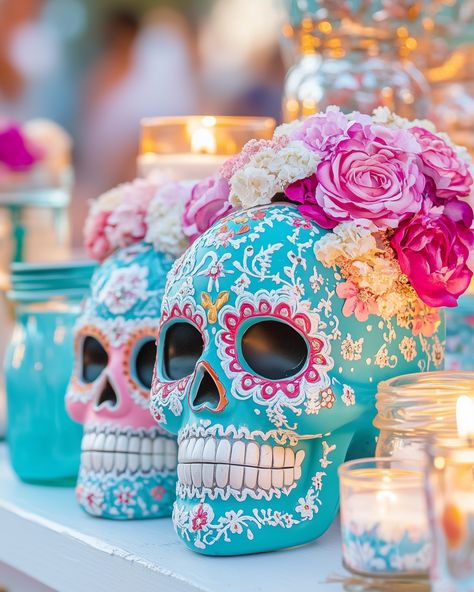 Sugar Skull Offerings 🌸💀🌸 The prettiest decorations for Día de los Muertos 😍 Sugar Skull Ideas, Interior Design Plan, Turquoise Background, Pretty Decor, Design Planning, Day Of The Dead, Vintage Industrial, Sugar Skull, Floral Embroidery