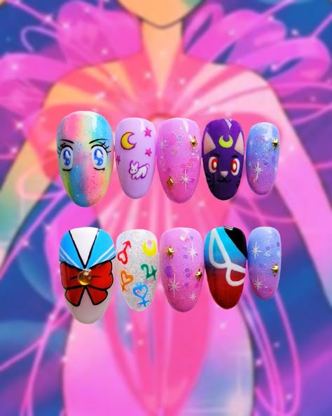 Sailor Moon Themed Nails, Sailor Moon Nails Acrylic, Sailor Moon Nails Design, Sailor Moon Inspired Nails, Sailor Moon Nail Art, Uñas Sailor Moon, Usagi Luna, Moon Nail Art, Sailor Moon Nails