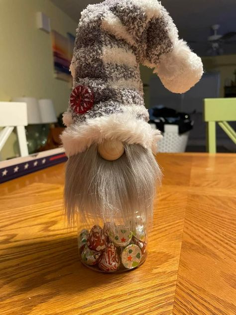 Gnome Centerpiece Ideas, Gnome Treat Jars, Laundry Pod Container Gnome, Gnome Candy Jar Diy, Jar Mop Gnome, Gnomes Made From Water Bottles, Class Presents, Gnome Jar Topper, Gnome Projects