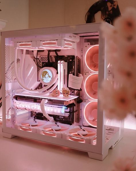 Pink Computer Setup Aesthetic, Aesthetic Pc Build, Pink Setup, Pink Pc, Green Pc, Pc Games Setup, Pc Tower, Dream Setup, Pc Builds