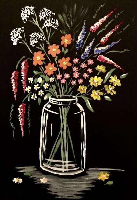 Acrylic Painting Whimsical, Easy Painting Ideas On Canvas Black, Simple Large Canvas Painting, Dark Background Painting Ideas, Easy Large Canvas Painting Diy, Simple Flower Painting Acrylics Easy, Acrylic Painting Inspo For Beginners, Simple Acrylic Paintings On Paper, Black Background Painting Easy