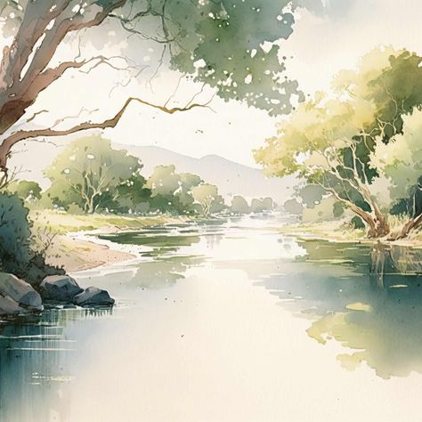 River Images, River And Trees Painting, How To Paint River In Watercolor, River Water Painting, Painting Of River Landscapes, Watercolour River Painting, Olive Tree Painting, Home Window Grill Design, Cool Illusions