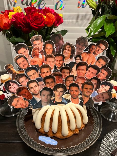 Birthday cake decorated with pictures of celebrity crushes. Celebrity Crush Birthday Cake, Crush Birthday Cake, Celebrity Crush Cake, Crush Birthday, Celebrity Cake, Happy Birthday Andy, Crush Cake, Smash Cakes, Birthday Goals