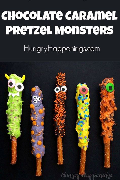 Have fun creating kooky chocolate caramel pretzel monsters. These Halloween desserts are easy enough for kids to decorate and the will look so fun on your Halloween dessert table. #halloween #pretzels #chocolate Monster First Birthday, Monster Baby Showers, Monster 1st Birthdays, Cookie Monster Party, Halloween Baby Shower Theme, Halloween Food Treats, Monster Birthday Parties, Baby First Halloween, Monster Birthday