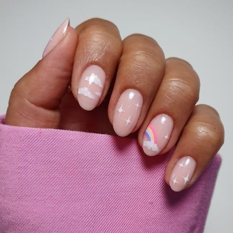 Daisy Fairy, Cloud Nails, Cute Almond Nails, Nail Design Glitter, Nails Neutral, Girls Nail Designs, Rainbow Nails Design, Rainbow Nail Art