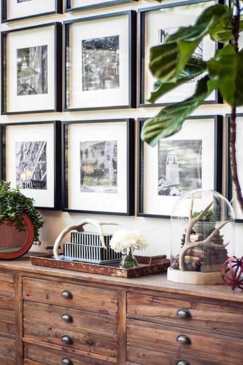 b&w gallery wall above wood dresser Above Dresser Decor, Dresser Wall Decor, Above Dresser, Grey Wood Furniture, White Wood Dresser, Bd Design, Gallery Wall Bedroom, Home Wood, Flat Interior