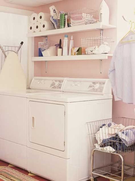 pink laundry room Pink Laundry Room, Pink Laundry, Laundry Room Paint Color, Pink Laundry Rooms, Laundry Room Paint, Laundry Room Colors, Home Laundry Room, Room Storage Diy, Basement Laundry Room