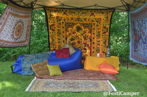 Camp Shade & The Ultimate Tapestry Hack – The Festi-Camper's Guide Tent Decorating Ideas Camping, Festival Camping Setup, Boho Camping, Desert People, Campsite Decorating, Camping Canopy, Red Tent, Camper Hacks, Canopy Frame