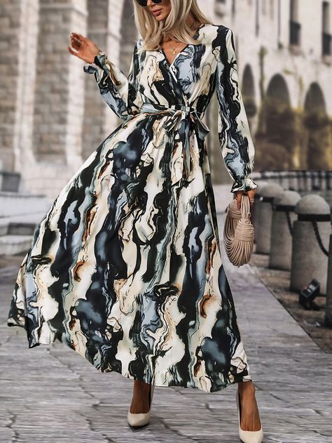 All Over Print Belted Flounce Sleeve A Line Dress | SHEIN USA A Line Maxi Dress, Lantern Sleeve Dress, Flounce Sleeve, Women Maxi, Dress With Tie, Style Maxi Dress, 가을 패션, Women Long Dresses, Couture Dresses