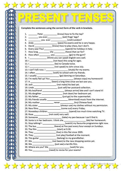 Present Tenses - Review - English ESL Worksheets for distance learning and physical classrooms Tense Worksheet, Teaching Verbs, English Grammar Test, Tenses English, English Grammar Tenses, English Grammar Exercises, Simple Present Tense, Present Continuous, Grammar Exercises