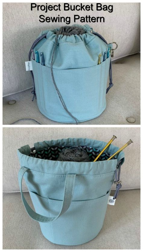 Sewing pattern for a project bucket bag. Easy to sew project bag pattern for a knitting, crochet or craft bag to sew. #SewingPatternsforBeginners #SewingPatterns #BeginnersSewingPatterns Sew Organizer Bag, Yarn Bag Sewing Pattern, Sewing Pattern Organizer, Quilted Bucket Bag, Knitting Bag Patterns To Sew, Knitting Project Bag Pattern Free, Easy Craft Ideas For Adults Simple, Basket Bag Pattern, Bucket Bag Sewing Pattern