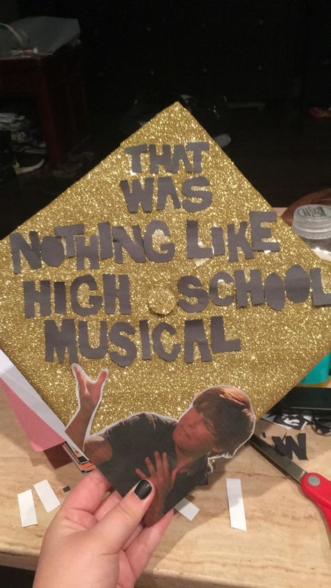 High School Musical Cap Ideas, High School Musical Grad Cap, Theatre Grad Cap, High School Musical Graduation Cap, Graduation Cap Designs Song Lyrics, Graduation Cap Designs Theatre, Theater Graduation Cap, One Direction Graduation Cap, Theatre Graduation Cap