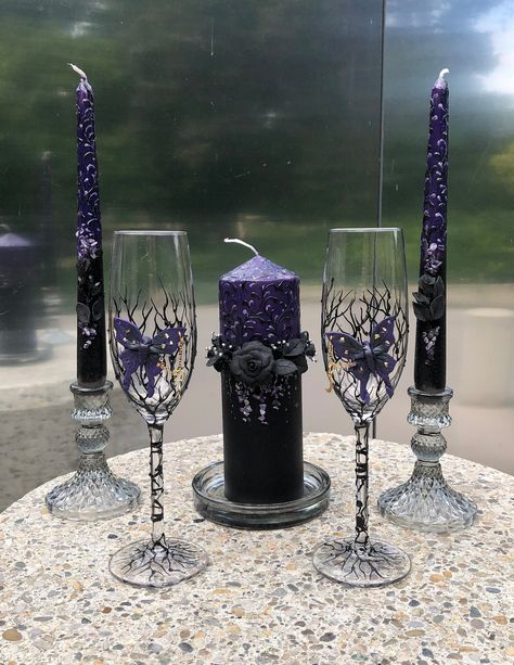 Set of 8: Unity candle set with candle holders 2 champagne flutes annashmatko@yahoo.com Black And Purple Wedding Aesthetic, Halloween Wedding Ideas Purple And Black, Black And Dark Purple Wedding Theme, Purple And Black Flower Arrangements, Gothic Decorations Party, Black And Purple Wedding Decor, Black And Purple Wedding Ideas, Purple And Black Wedding Ideas, Lavender And Black Wedding