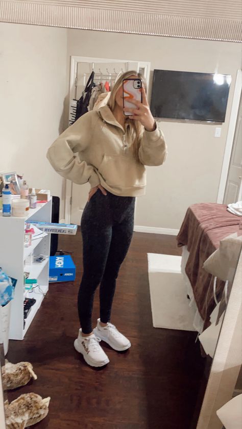 leggings: lululemon 
hoodie: lululemon scuba 
shoes: hokas Hoka Outfit Winter, How To Style Scuba Half Zip, Cute Hoka Outfits, Half Zip Top Outfit, Lulu Lemon Scuba Half Zip Outfit, Outfits With Hoka, Lulu Scuba Outfit, Scuba Half Zip Outfit, Scuba Lululemon Outfit