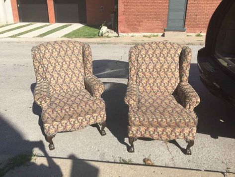 DIY Reupholstered Wingback Chair: Before and After Makeover Reupholster Wingback Chair Diy, Reupholster Wingback Chair, Wingback Chair Makeover, Wing Chair Upholstery, Before And After Makeover, Canvas Drop Cloths, Wingback Chairs, Makeover Before And After, Drop Cloth Curtains