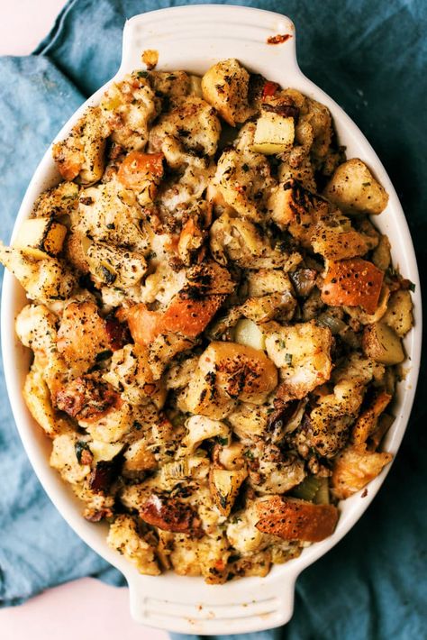 Sausage and Herb Stuffing with Real Bread - Dad With A Pan Sausage And Herb Stuffing, Rosemary Stuffing, Sausage Stuffing, Sage Sausage, Herb Stuffing, Real Bread, Sausage Potatoes, Diced Potatoes, Deep Dish