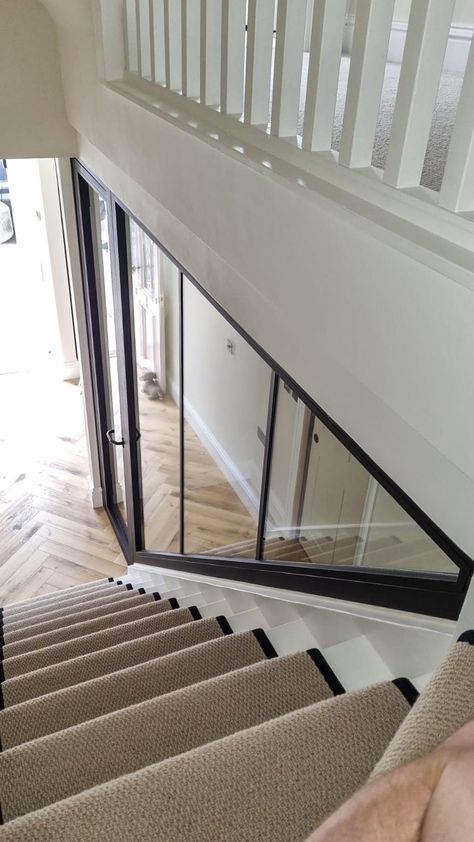 Domestic Client (London) - Case Studies | iSteel.co.uk Loft Conversion Sliding Doors, Crittal Wall Staircase, Partition Staircase, Staircase Glass Wall, Internal Window Between Rooms, Victorian Stairs, Stairs Hallway, Fire Doors Internal, Steel Frame Doors