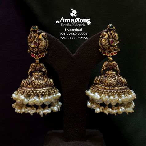 Antique Buttalu Gold, Pearl Jumkha Gold Traditional, Jumkas Gold With Pearls, Festive Gold Jhumkas With Pearl Drop, Elegant Gold Plated Jhumkas With Pearl Drop, Antique Guttapusalu, Luxury Gold Jhumkas With Pearl Drop, Kandalaa Jewellery, Festive Gold Plated Pearl Drop Jhumkas